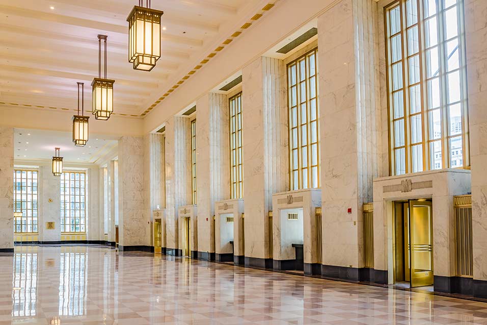 View of the lobby inside Chicago's historic Old Post Office building