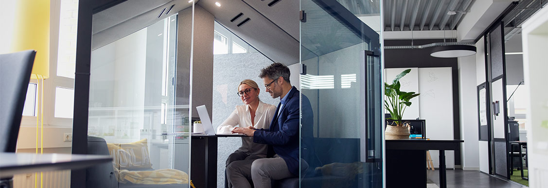 Colleagues working on laptop sitting in office cubicle