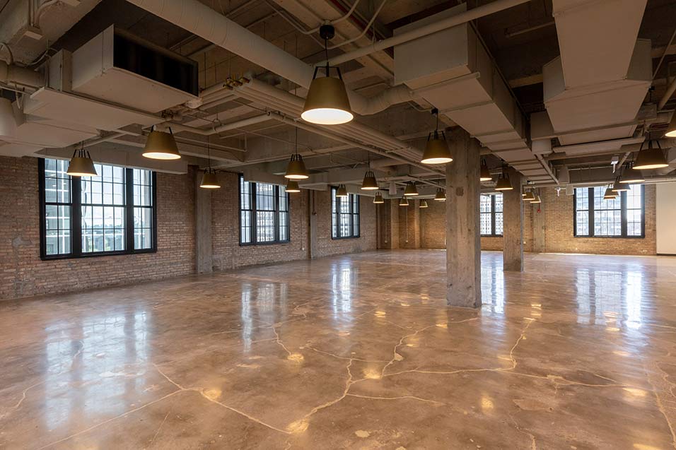 View of indoor event space off the Meadow rooftop at Chicago's Old Post Office building